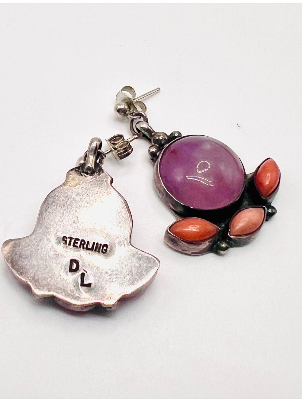 Vintage Sterling Silver Purple Spiny Oyster Coral Dangle Earrings Signed DL